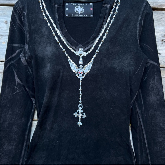 The Saints Sinphony Black Cotton Blend Hooded V-Neck Tunic Women’s Size XL - Picture 2 of 7